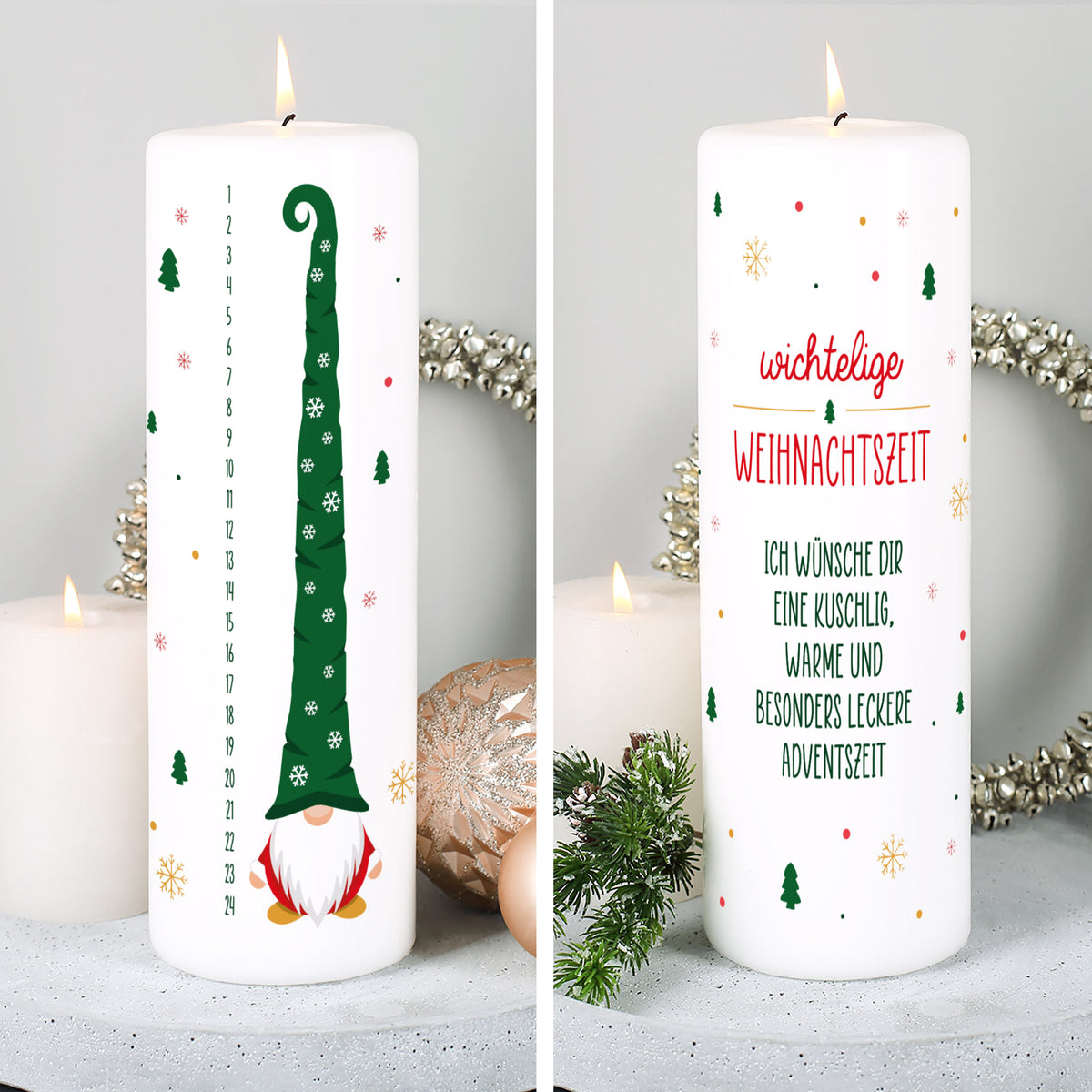Kerze als Adventskalender mit Wichtel und Wunschtext –