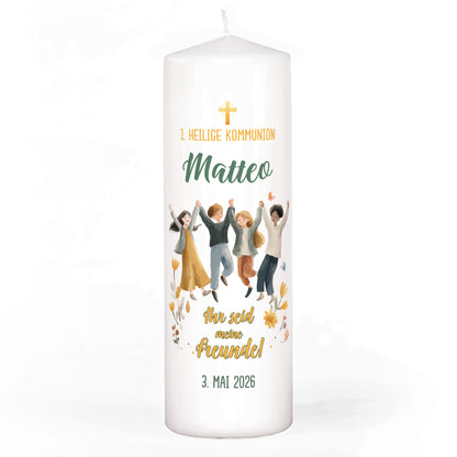 Personalisierte Kerze zur Kommunion mit Motiv fröhliche Kinder, Spruch „Ihr seid meine Freunde!“, Name und Datum