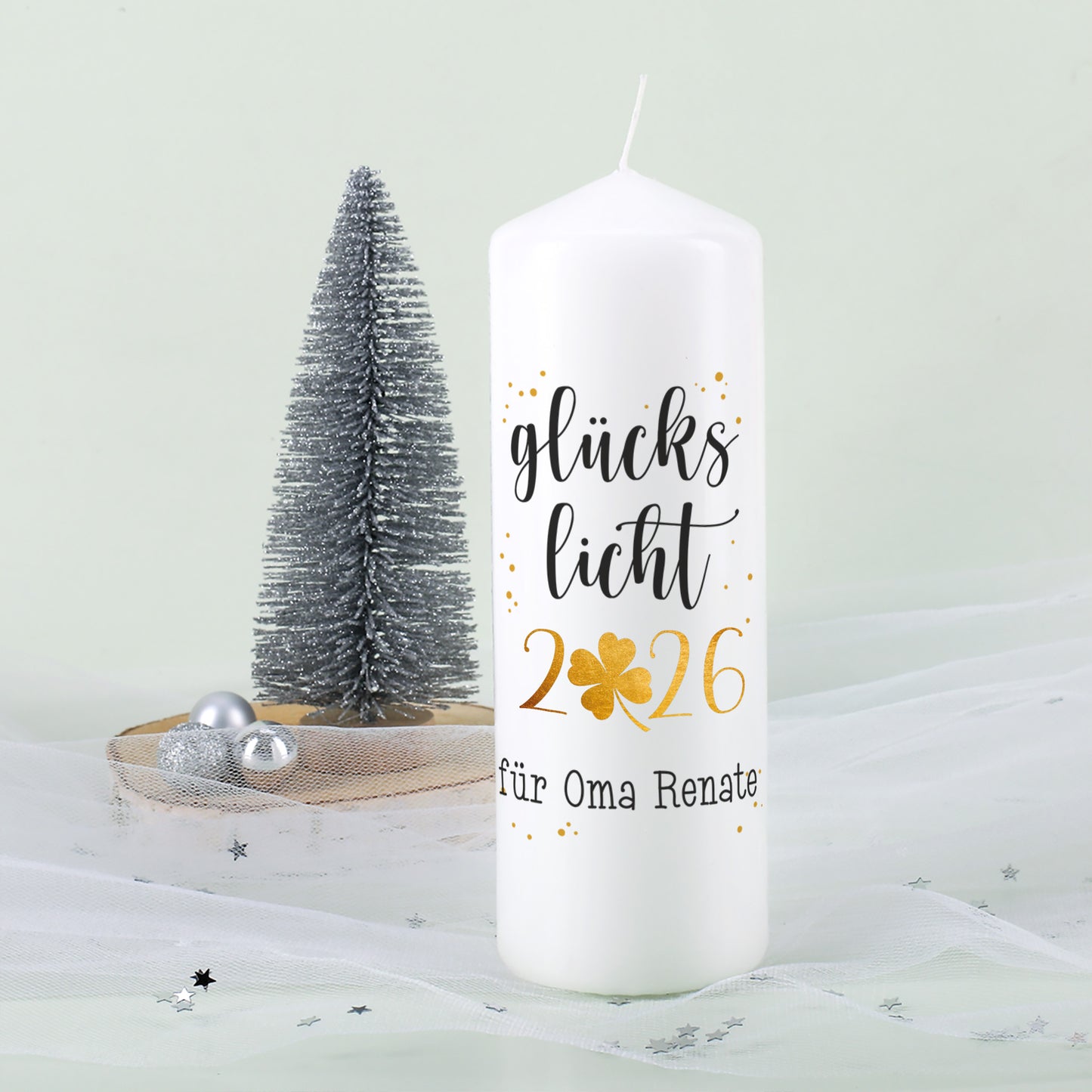 Glückslicht 2026 - weiße Kerze Weihnachtsgeschenk