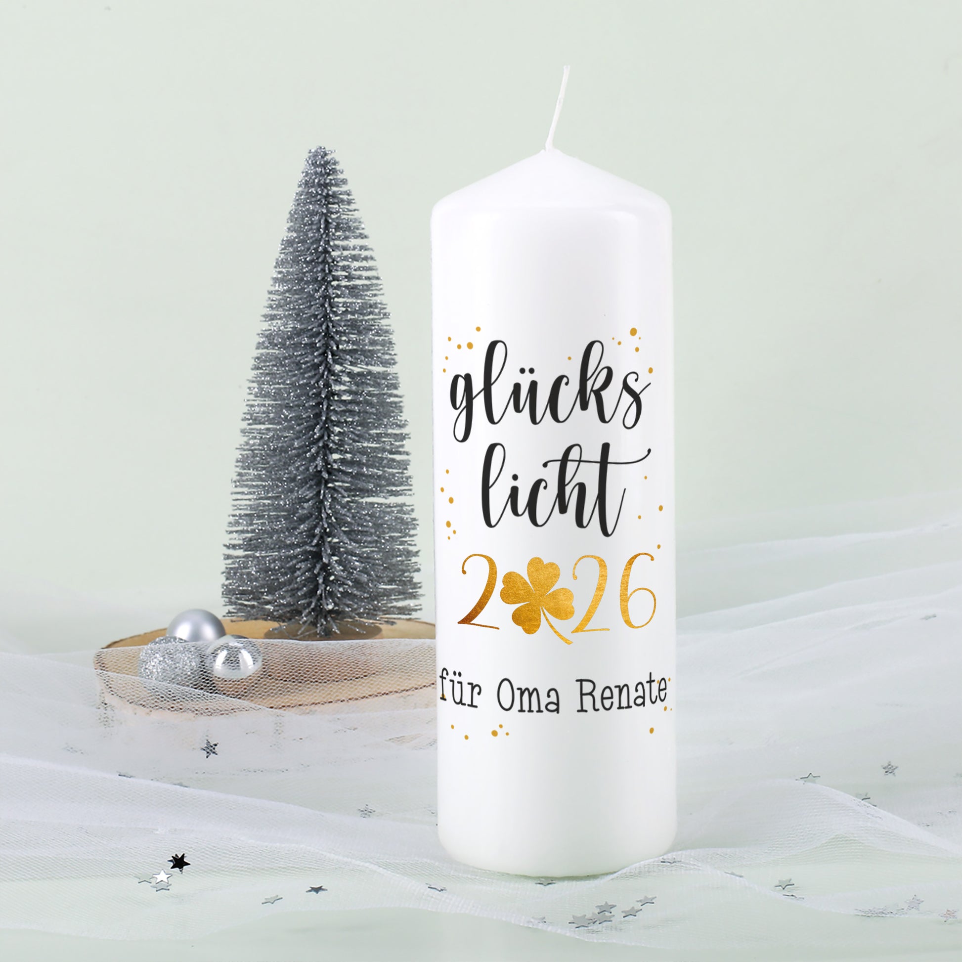 Glückslicht 2026 - weiße Kerze Weihnachtsgeschenk