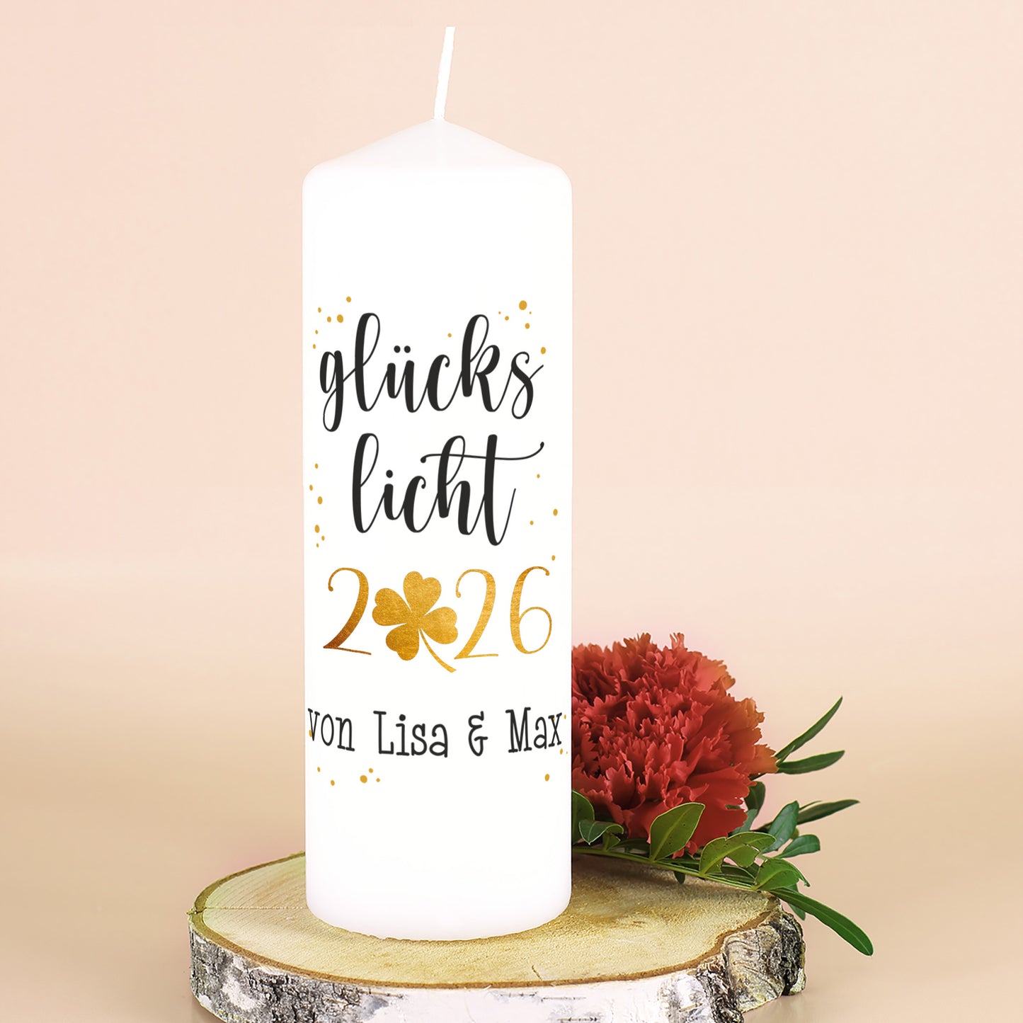 Glückslicht 2026 - Kerze mit Kleeblatt in Goldoptik