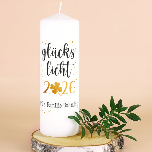 Glückslicht 2026 - Stumpenkerze mit Ihrem Text