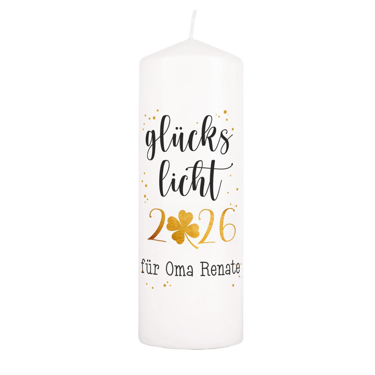 Glückslicht 2026 - Kerze mit Kleeblatt und Wunschtext