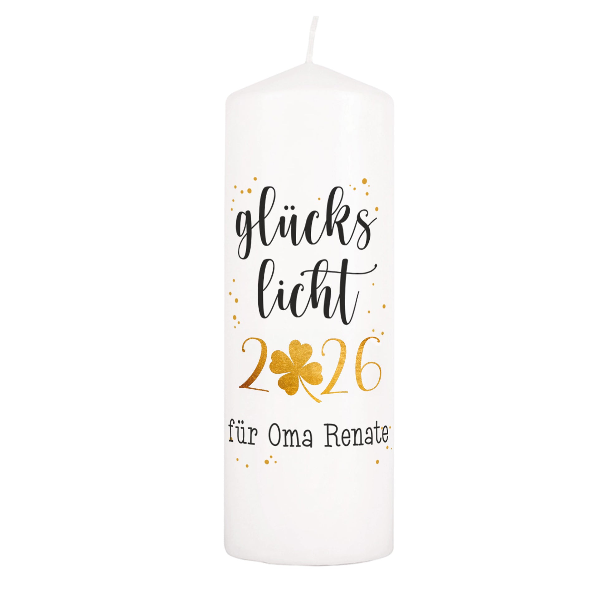 Glückslicht 2026 - Kerze mit Kleeblatt und Wunschtext