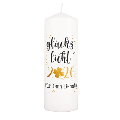 Glückslicht 2026 - Kerze mit Kleeblatt und Wunschtext