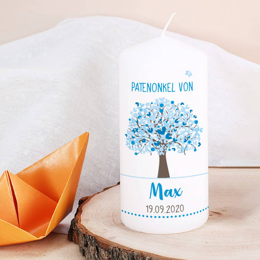 Patenkerze mit blauem Lebensbaum