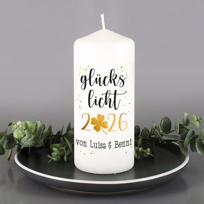 Glückslicht 2026 - Stumpenkerze mit Ihrem Text bedruckt