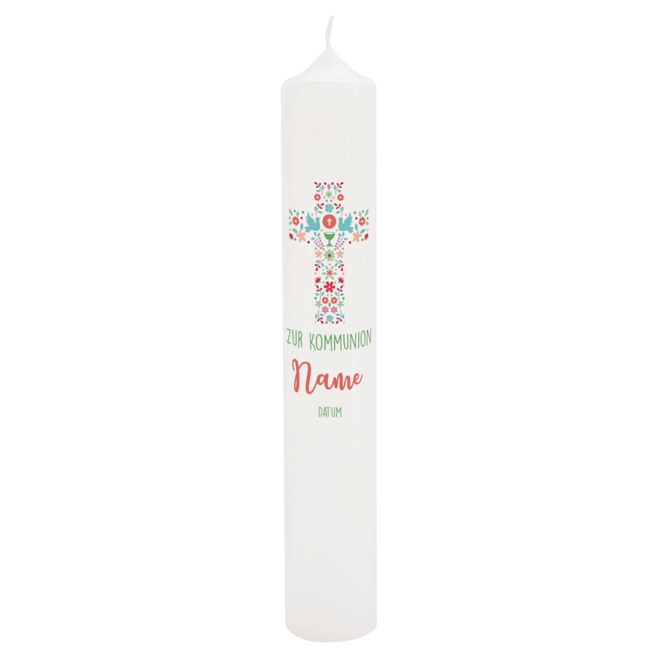 persönlich bedruckte Kommunionkerze mit Name, Datum, Spruch/ Psalm und buntem Kreuz 