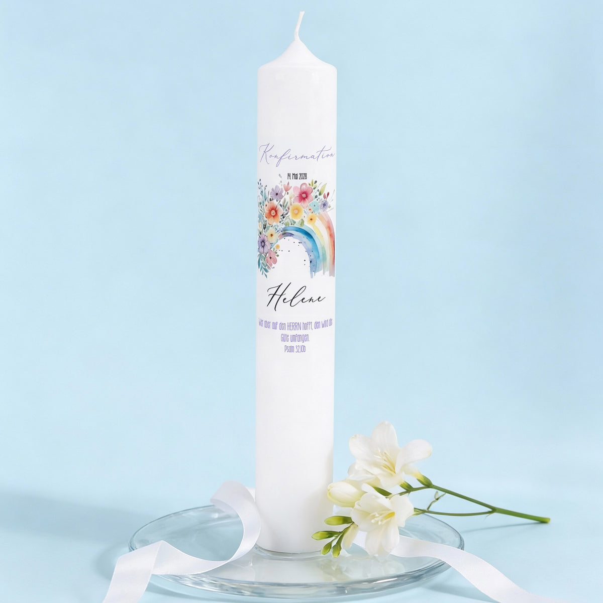 Personalisierte XXL Kerze mit Regenbogen & Blumen f. religiöse Anlässe –