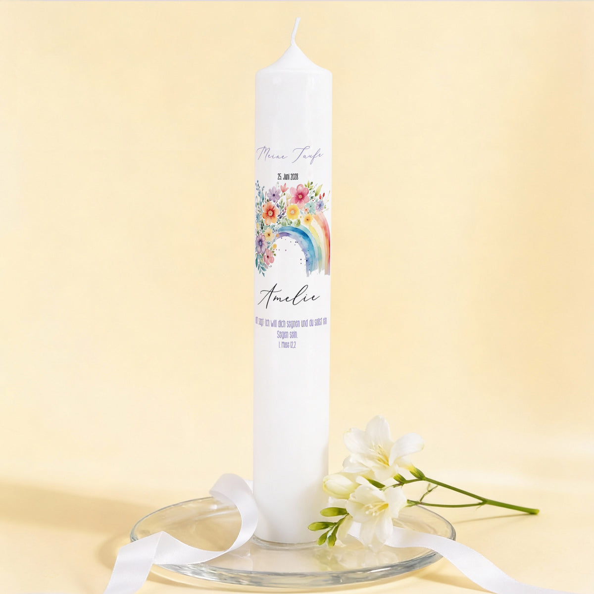 Personalisierte XXL Kerze mit Regenbogen & Blumen f. religiöse Anlässe –