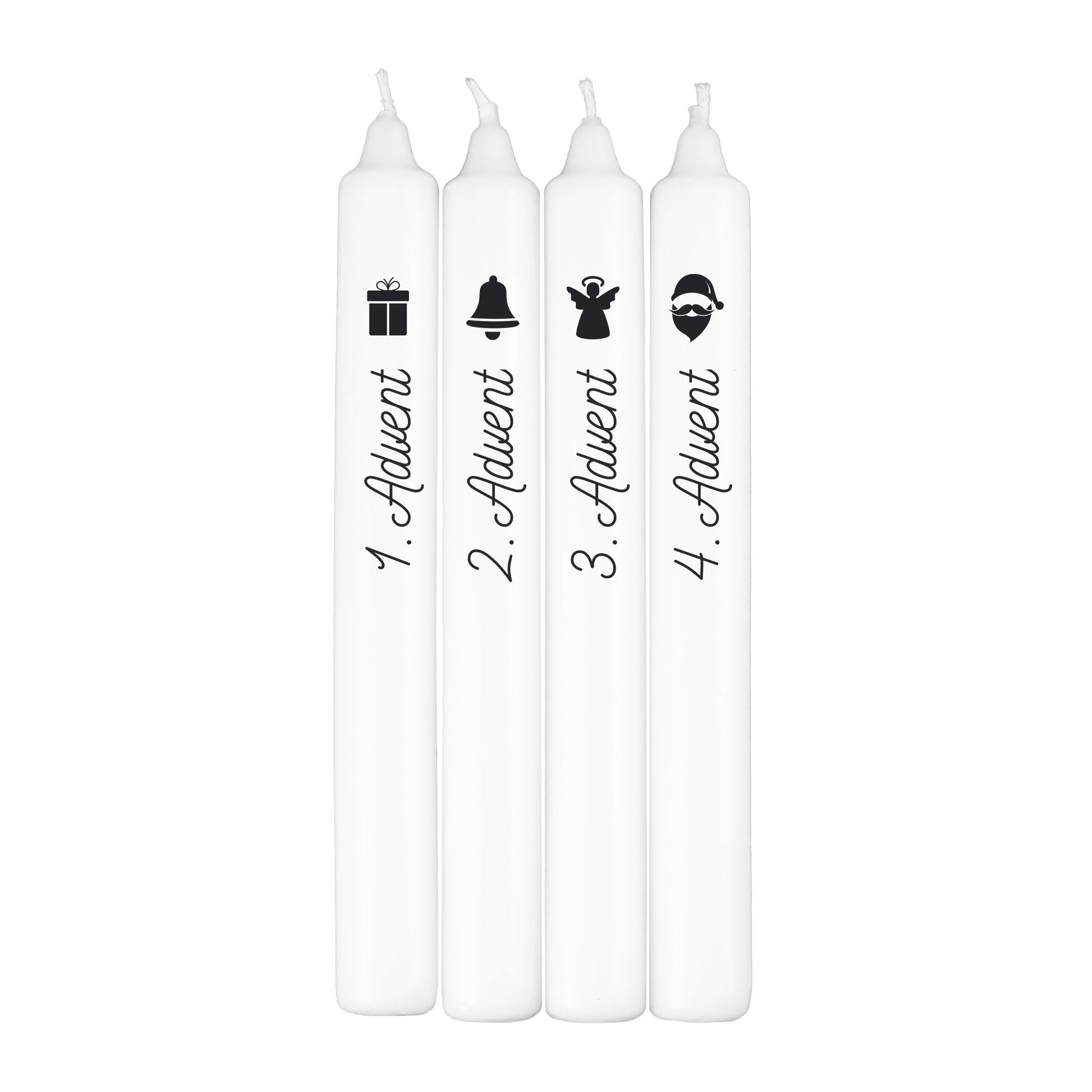 Produktbild der vier Adventskerzen mit den Motiven Geschenk, Glocke, Engel und Weihnachtsmann in weißer Ausführung