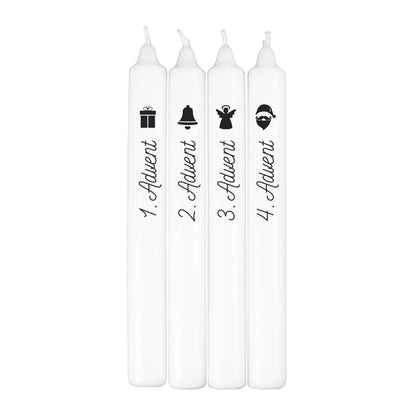Produktbild der vier Adventskerzen mit den Motiven Geschenk, Glocke, Engel und Weihnachtsmann in weißer Ausführung