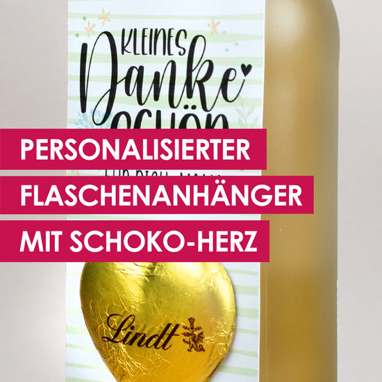 Personalisierter Flaschenanhänger mit Lindt Schokoladenherz als Dankeschön-Geschenk