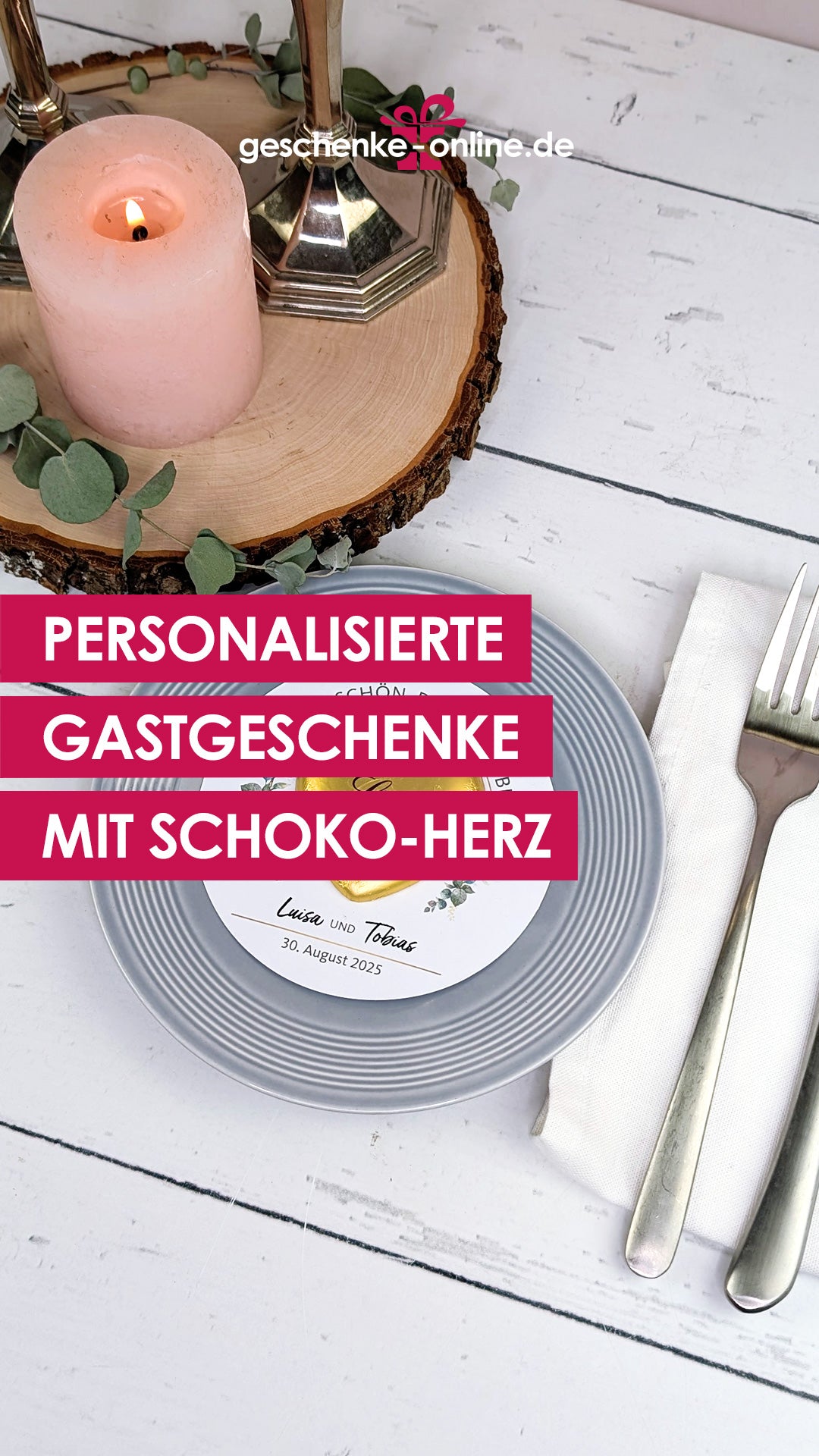 Personalisiertes Gastgeschenk zur Hochzeit 💍 | runde Karte im Eukalyptus-Design und mit Lindt-Herz personalisieren
