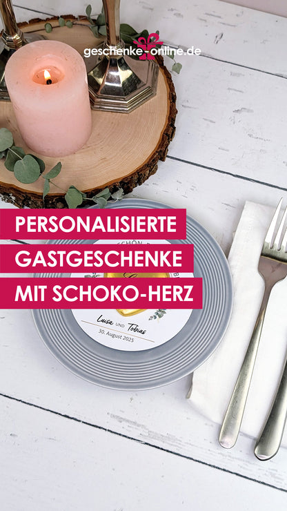 Personalisiertes Gastgeschenk zur Hochzeit 💍 | runde Karte im Eukalyptus-Design und mit Lindt-Herz personalisieren