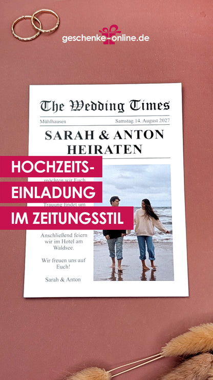 Hochzeitseinladung im Zeitungsstil, "Wedding Times" Einladungskarte zur Hochzeit mit Foto und Text