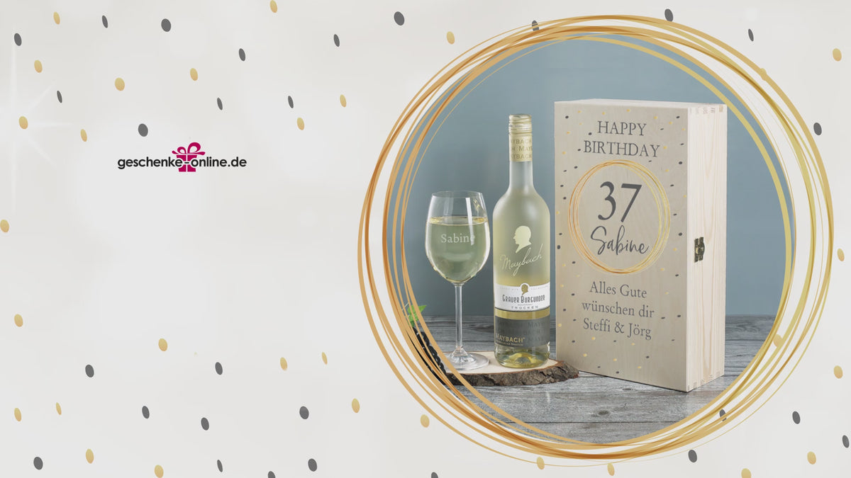 Personalisierte Geschenkbox aus Holz zum Geburtstag mit Maybach Wein und Weinglas mit Namensgravur