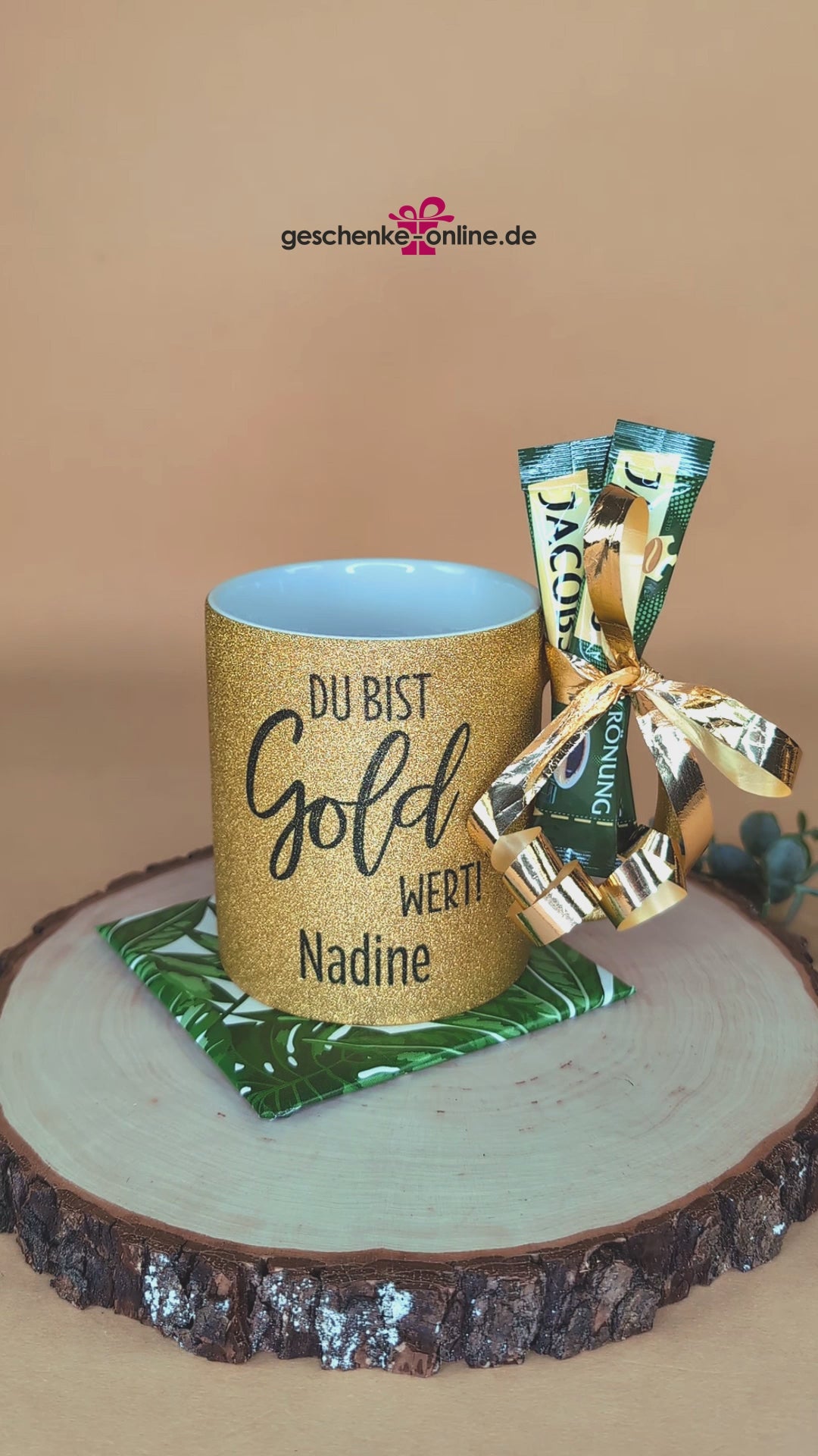 Geschenkidee - goldene Glitzertasse mit Namen personalisiert