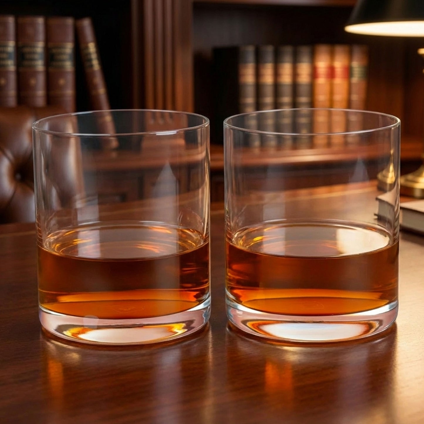 Zwei Whiskygläsern auf einem Schreibtisch aus Holz