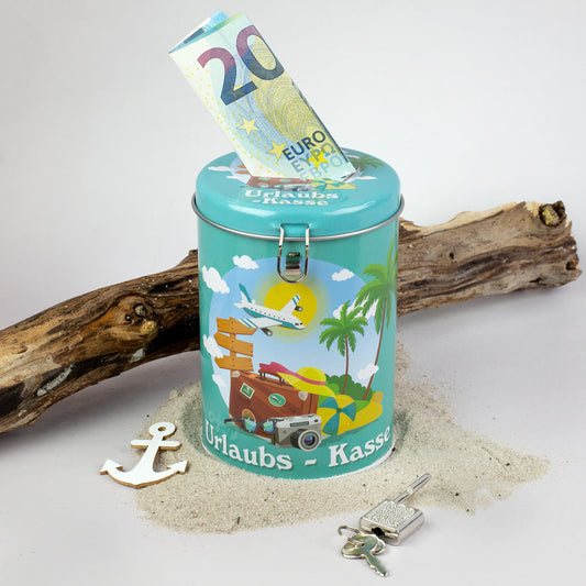 Metallspardose Urlaubskasse mit 20-Euro-Schein, türkis mit Urlaubs-Motiv