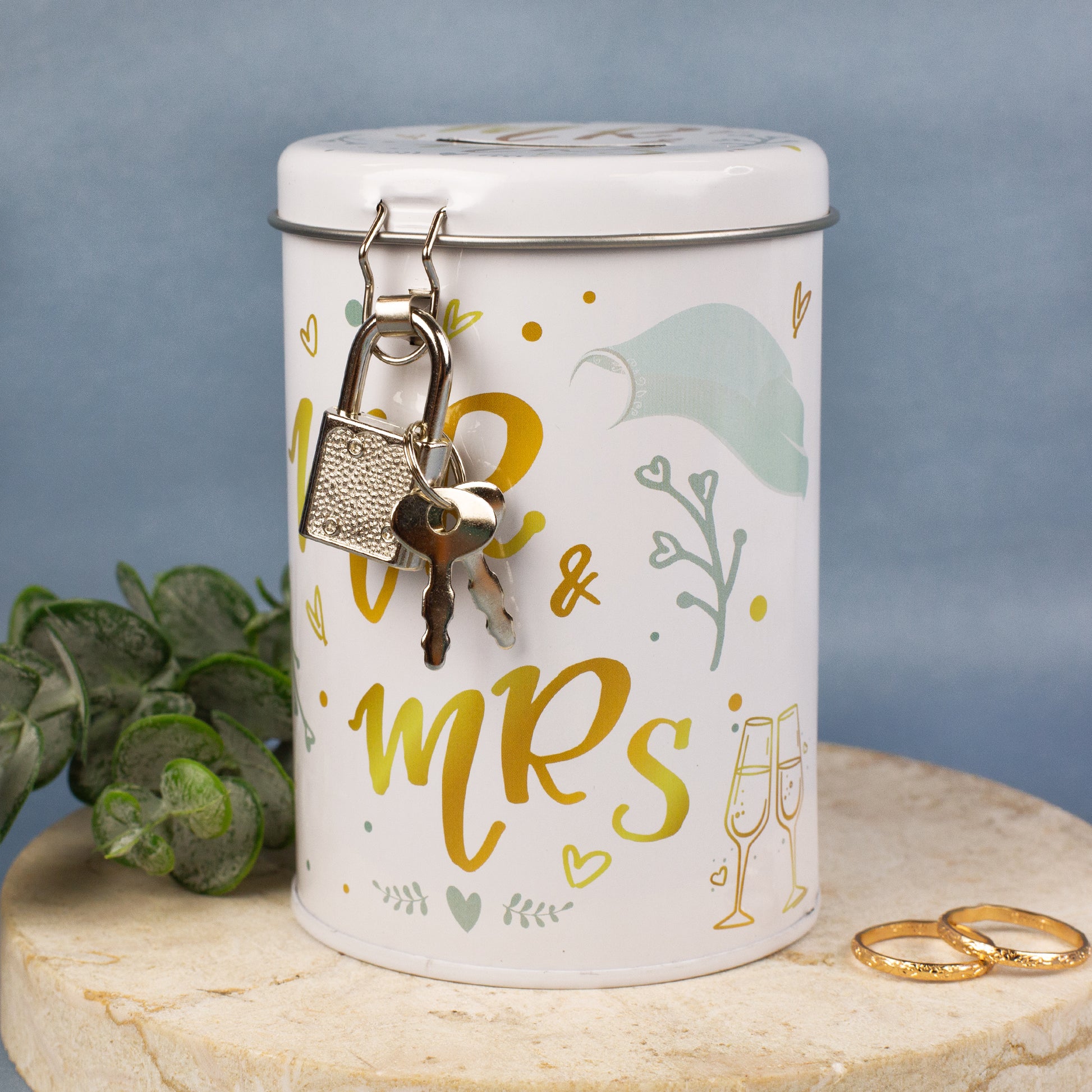 Metall-Spardose Hochzeit Mr. & Mrs. mit Vorhängeschloss und zwei Schlüsseln