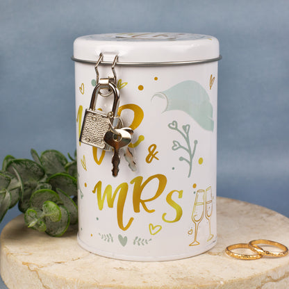 Metall-Spardose Hochzeit Mr. & Mrs. mit Vorhängeschloss und zwei Schlüsseln