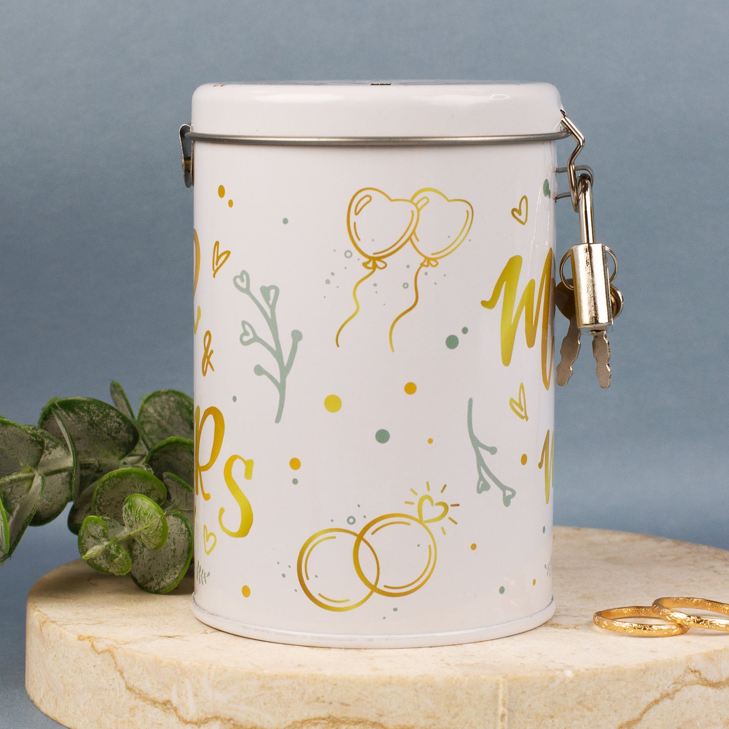 Seitenansicht der Spardose Hochzeit Mr. & Mrs. mit Schloss und Schlüsseln