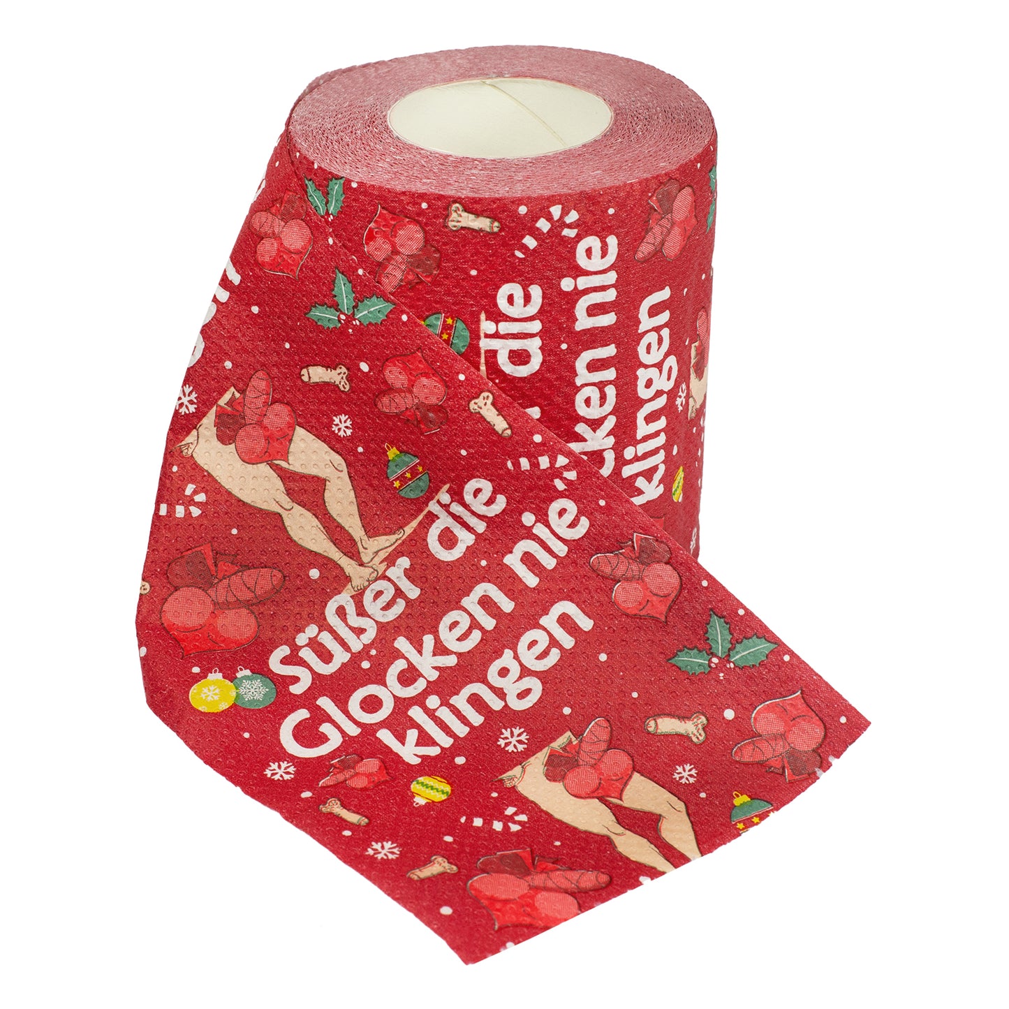 Freigestellte Toilettenpapierrolle Weihnachten rot mit Spruch „Süßer die Glocken nie klingen“