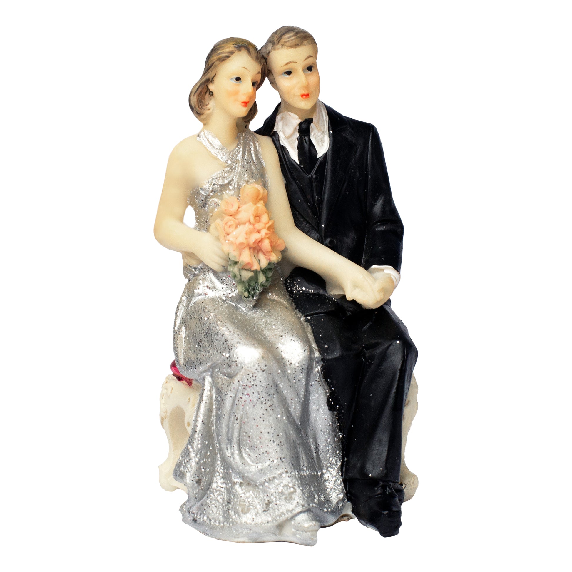 Hochzeitspaar Dekofigur aus Polyresin – Braut im Silberkleid mit Blumenstrauß und Bräutigam