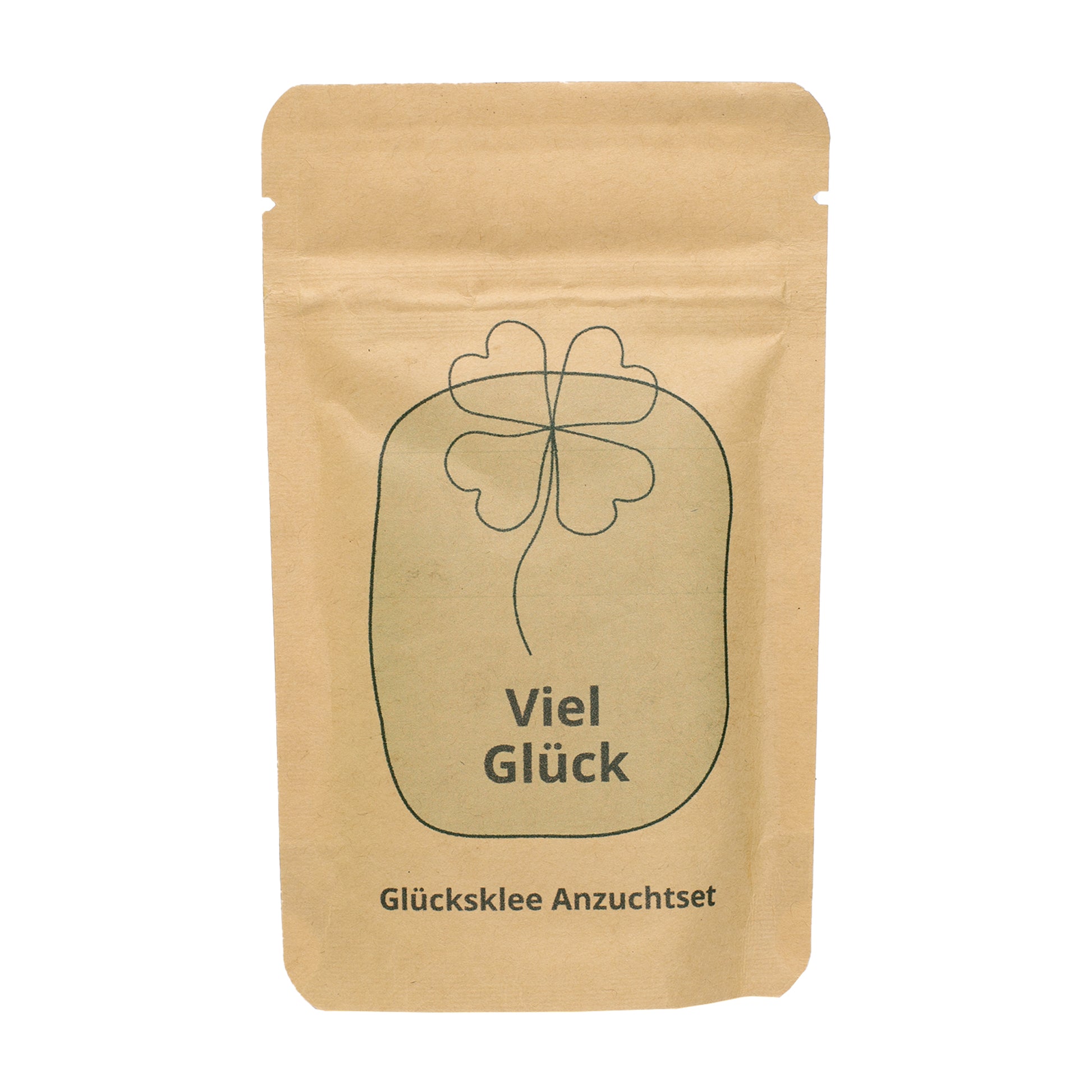 Freigestelltes Viel Glück Anzuchtset in Kraftpapiertüte mit Kleeblatt-Motiv