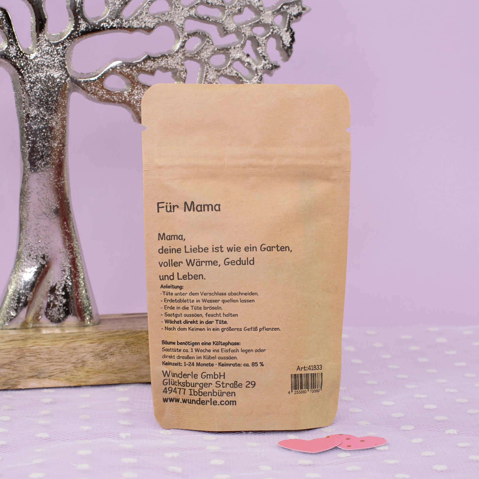 Rückseite vom Für Mama Anzuchtset mit Anleitung und Produktinformationen