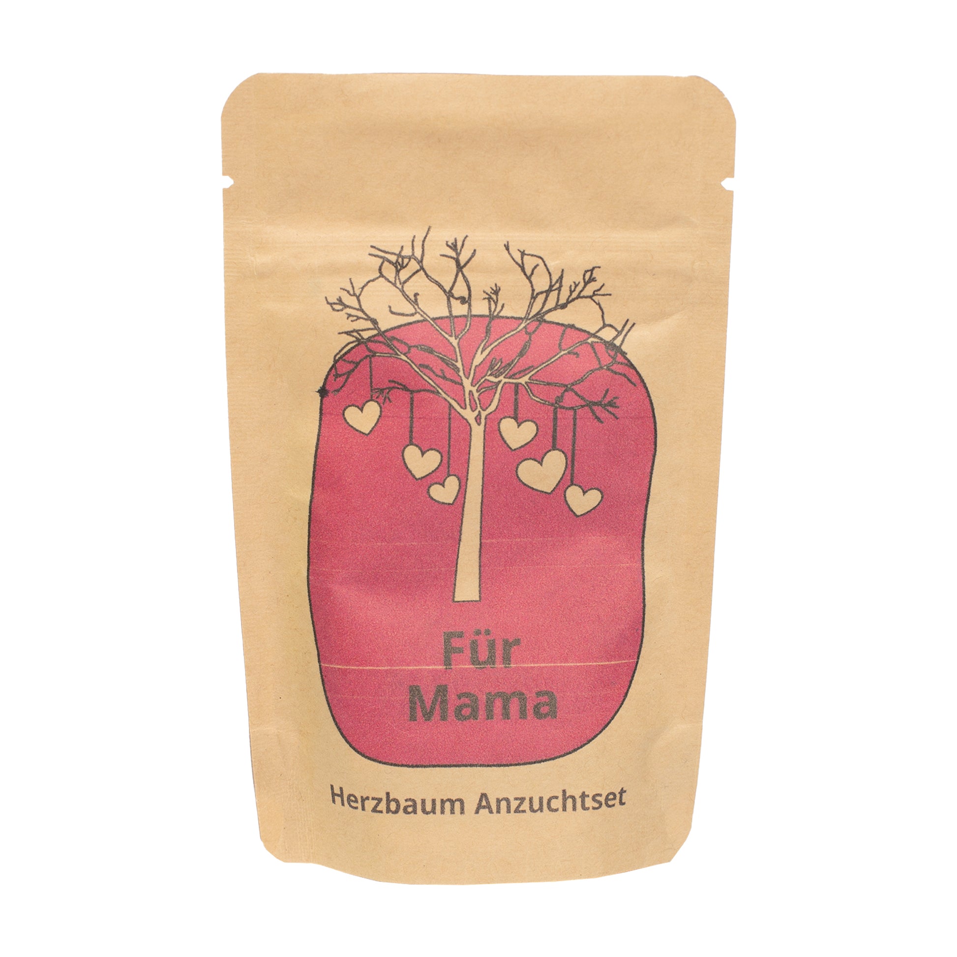 Freisteller vom Für Mama Anzuchtset Herzbaum in brauner Tüte mit rosa Herzbaum-Motiv