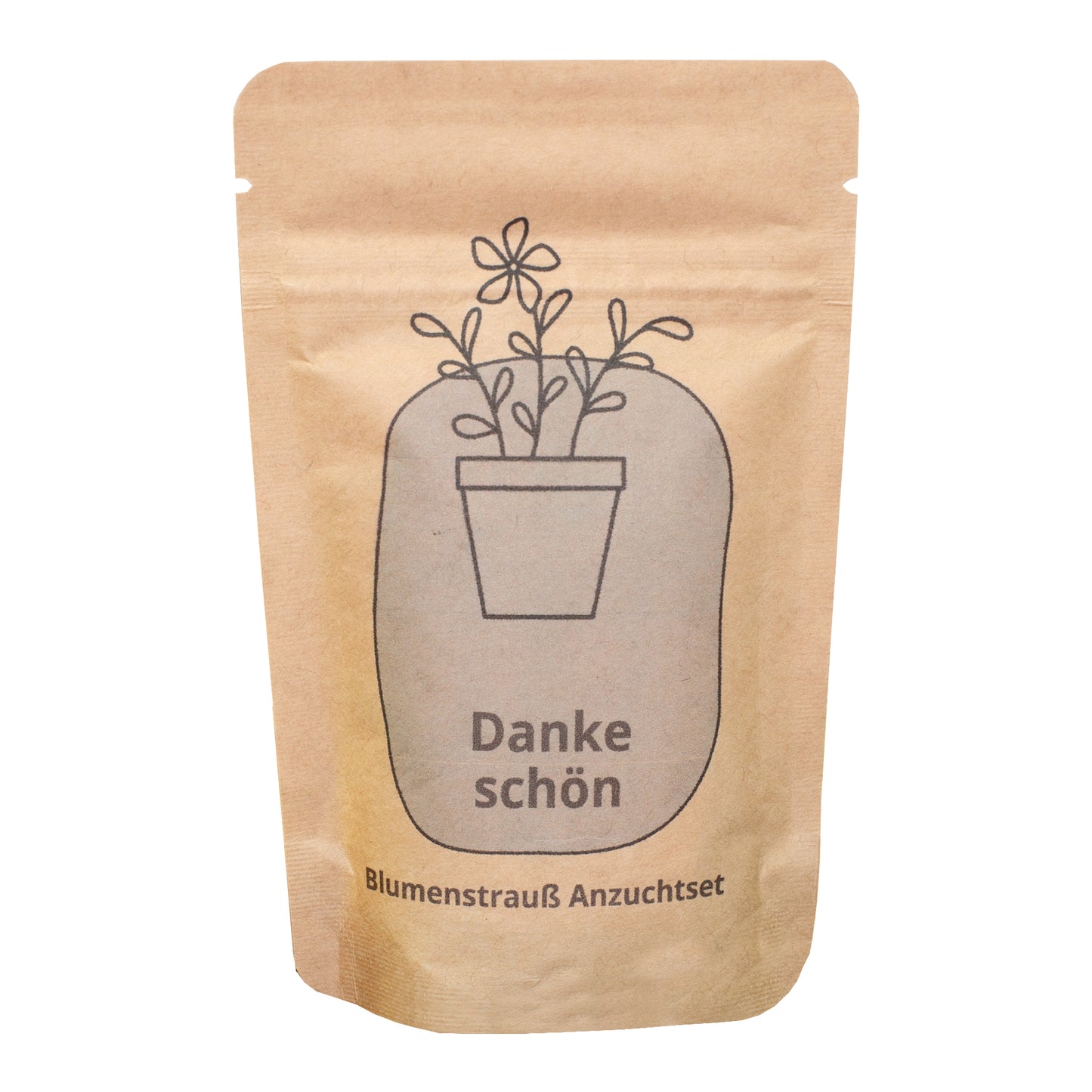 Freigestelltes Danke schön Anzuchtset in brauner Kraftpapiertüte mit Blumenmotiv