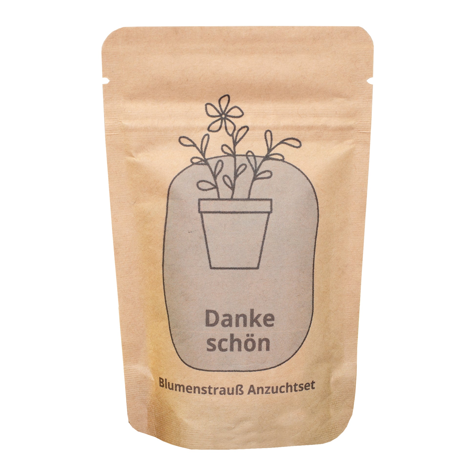 Freigestelltes Danke schön Anzuchtset in brauner Kraftpapiertüte mit Blumenmotiv