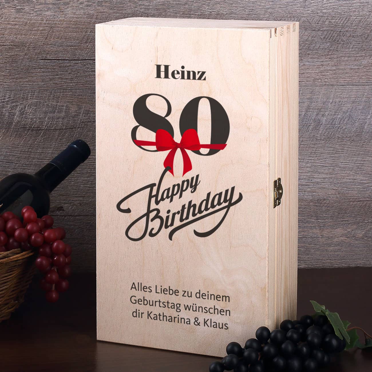 Weingeschenkset zum 80. Geburtstag mit graviertem Weinglas und Flasche