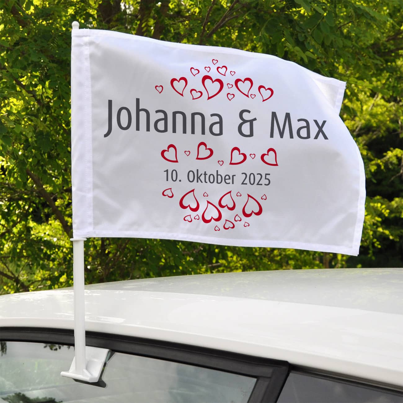 Flagge, Autofahne zur Hochzeit mit persönlichem Aufdruck von Namen
