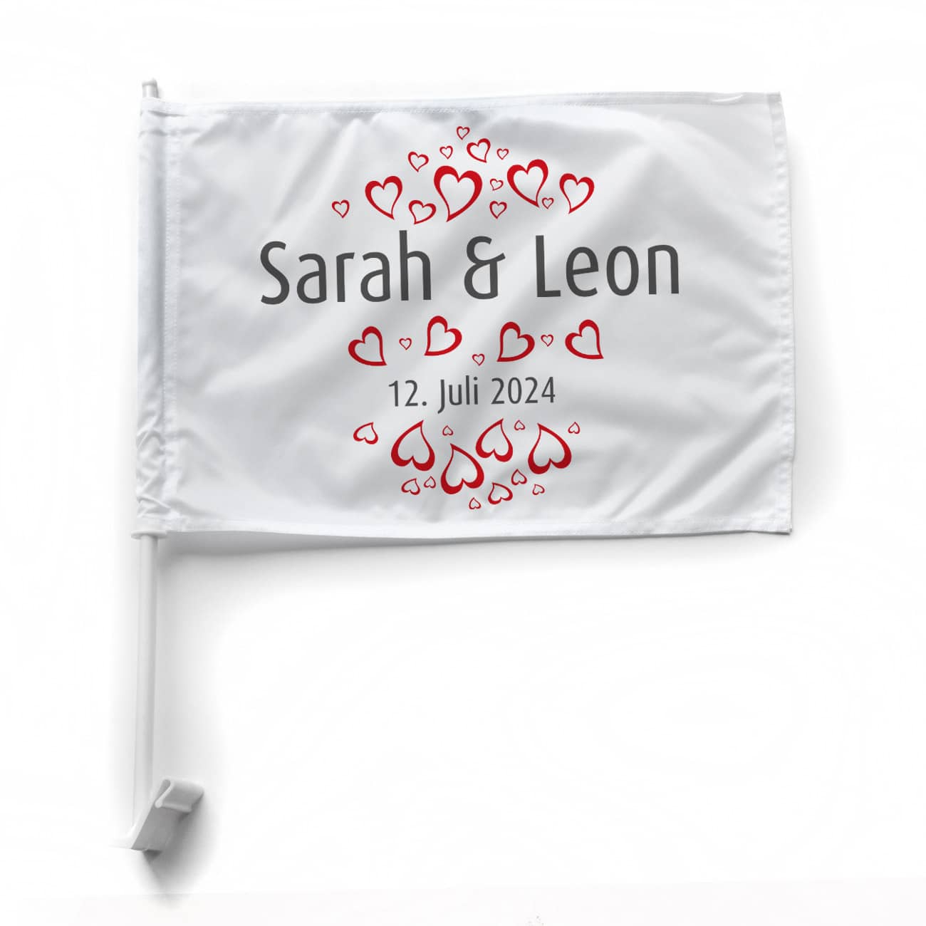 Flagge, Autofahne zur Hochzeit mit persönlichem Aufdruck von Namen und Datum