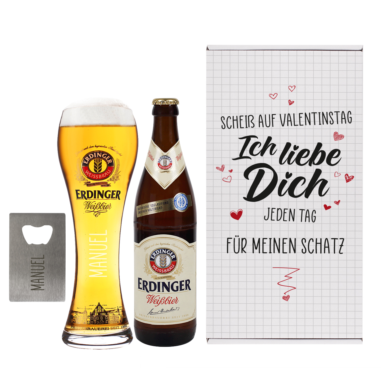 Scheiß auf Valentinstag Ich liebe Dich jeden Tag - Bier Geschenkset zum Valentinstag  personalisiert